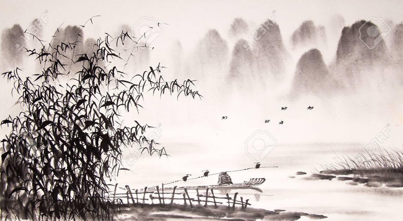 中国水墨画を風景します。金森良泰　「瑞鳥華」　フレスコ画Ｆ１０号　画面右下・キャンバス裏に直筆サイン有り。の写真素材・画像素材 Image 55665257